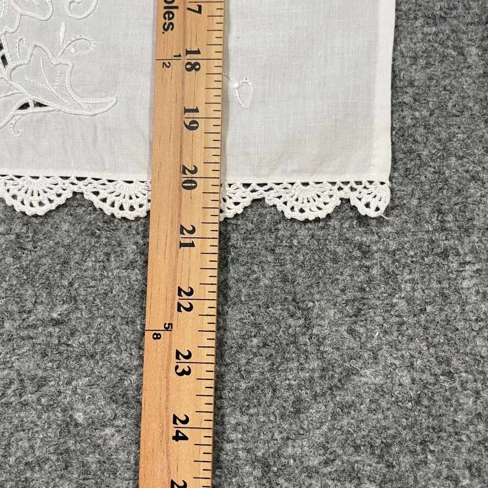 Antique Tea Towel White Vintage Floral Embroidered Lace Trim Cottagecore Bridal